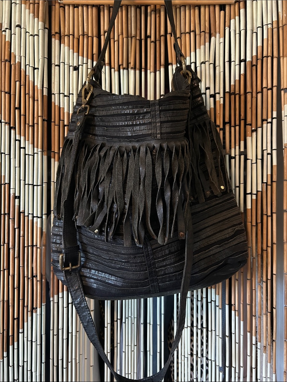 Free People Large Black Fringed Leather Tote Bag